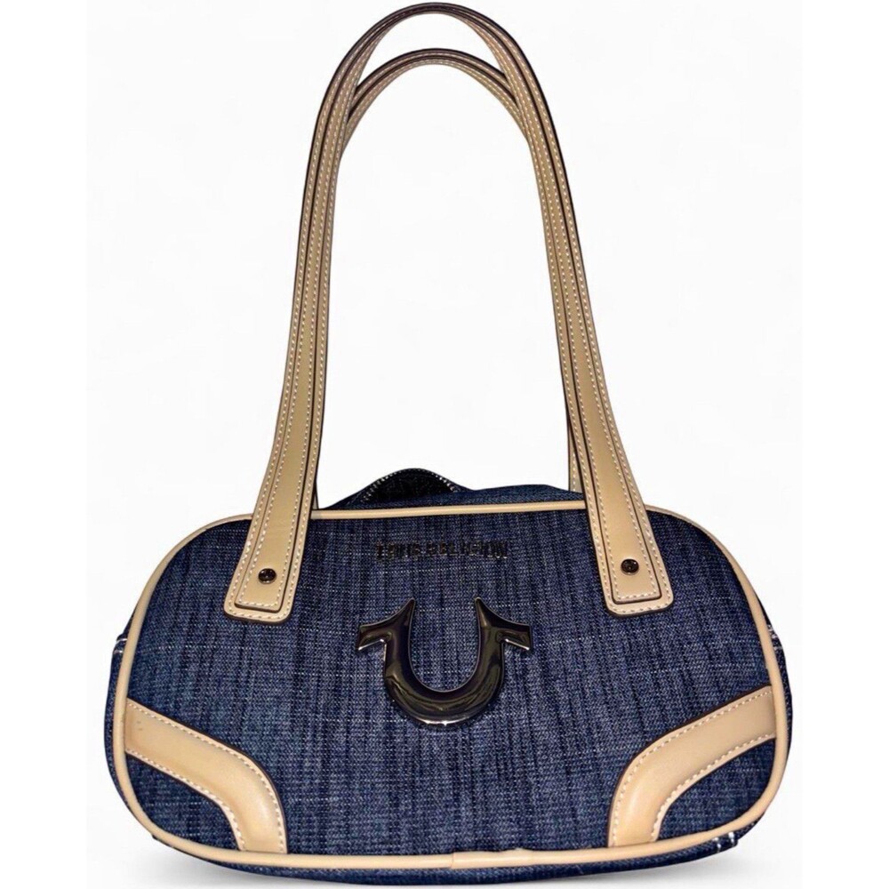 True Religion denim purse with beige leather trim silver logo Y2K style Trendy